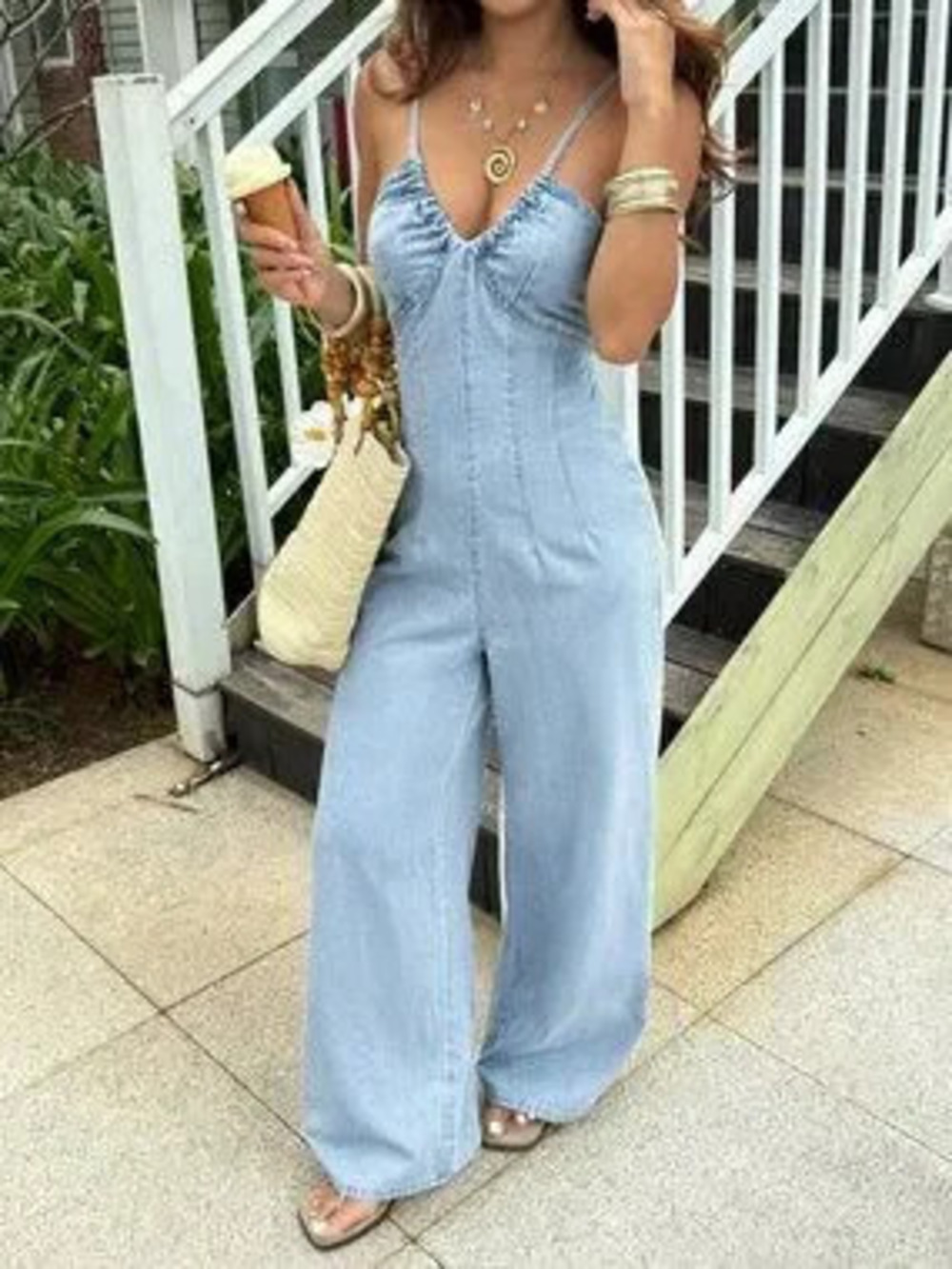 ZARA Blue Casual Women's Backless Tie Knot Wide Leg Denim Jumpsuit